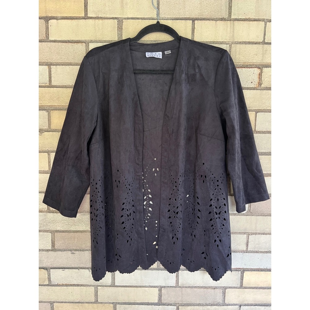 Joan Rivers Black Faux Suede Scalloped Laser Cut Open Front Cardigan Size Small